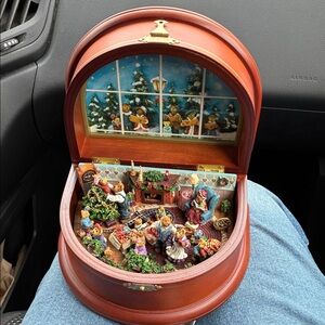 Festive Wooden Music Box with Holiday Scene